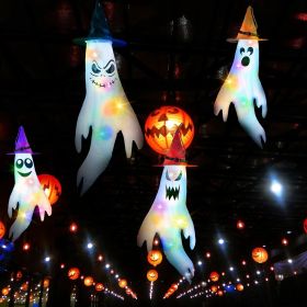 4Pcs Halloween Ghosts With Witch Hats Windsocks Hanging Decoration With Colorful LED Light Outdoor Flag Wind Socks Halloween Party Decoration For