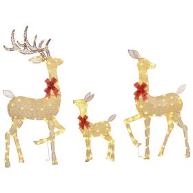 4.5ft 3-Piece Light Up Christmas Deer Family Set of 3, Lighted Reindeer Christmas Decorations with 2 LED Light Modes, Stakes, Zip Ties for Indoor (Material: Steel, Color: Gold)