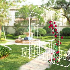 Metal Garden Arch with Gate 79.5'' Wide x 86.6'' High Climbing Plants Support Rose Arch Outdoor (Color: CREAM WHITE)